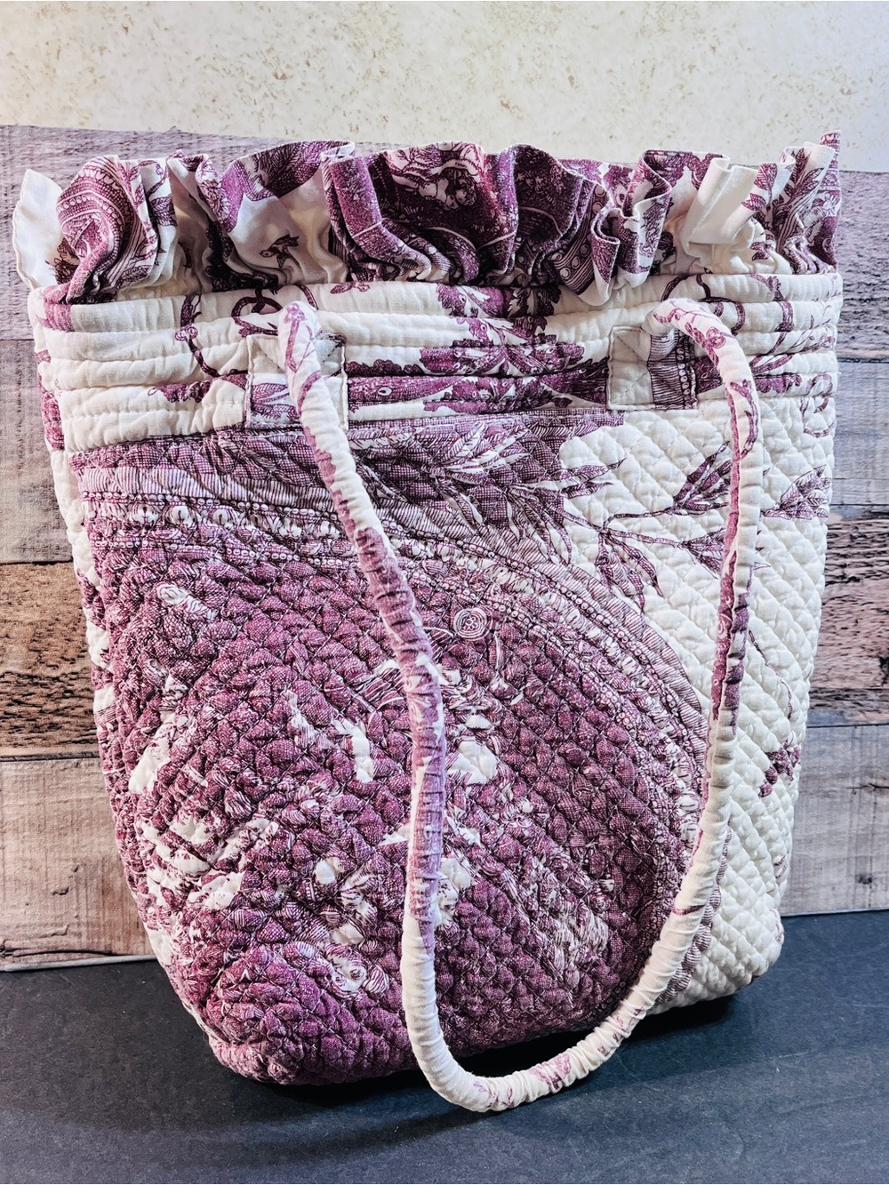 Quilted Ruffled Bucket Bag in Plum and Cream Sylvie Jourdan Cottagecore vintage